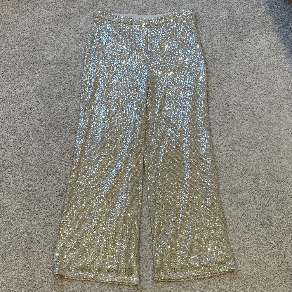 Lulu's Sparkly Beige Sequin High Rise Wide-Leg Trousers